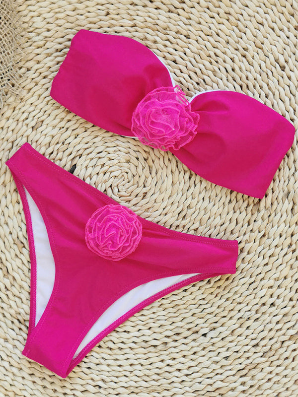 Swimsuits- Wireless Bandeau Bra and Bikini Bottom in a 2-Piece Stripe Bikini Set with Flowers Appliqué- - Pekosa Women Clothing