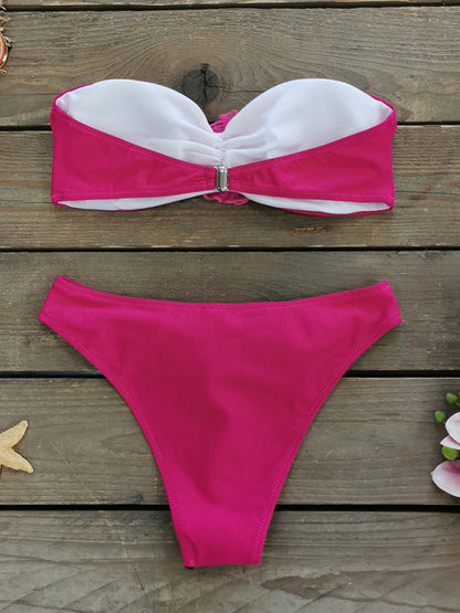 Swimsuits- Wireless Bandeau Bra and Bikini Bottom in a 2-Piece Stripe Bikini Set with Flowers Appliqué- - Pekosa Women Clothing