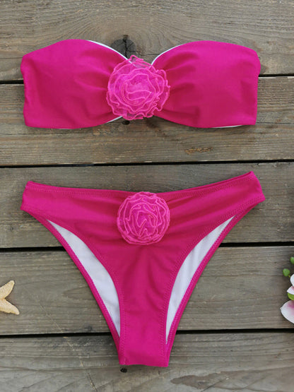 Swimsuits- Wireless Bandeau Bra and Bikini Bottom in a 2-Piece Stripe Bikini Set with Flowers Appliqué- - Pekosa Women Clothing