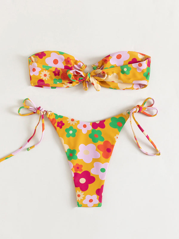 Swimsuits- Wireless Bandeau Bra with Tie-Side Bikini - 2 Piece Floral Swimwear- - Pekosa Women Fashion