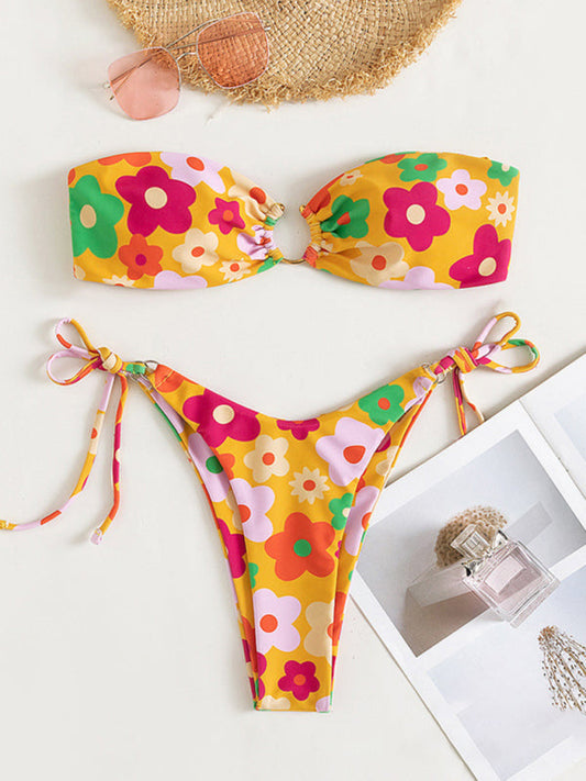 Swimsuits- Wireless Bandeau Bra with Tie-Side Bikini - 2 Piece Floral Swimwear- Yellow- Pekosa Women Fashion