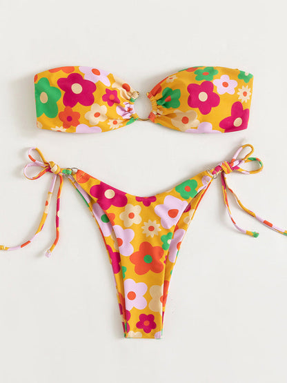 Swimsuits- Wireless Bandeau Bra with Tie-Side Bikini - 2 Piece Floral Swimwear- - Pekosa Women Fashion