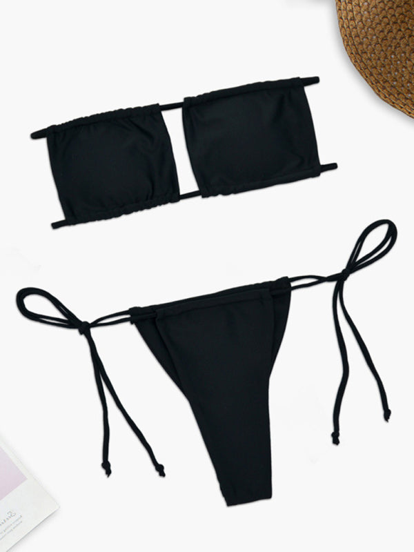 Swimsuits- Wireless Tube Bra and Tie-Side Thongs in a Solid Brazilian 2-Piece Swimwear- - Pekosa Women Clothing