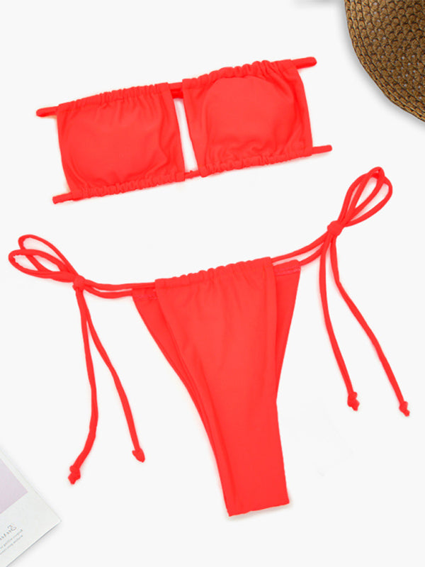 Swimsuits- Wireless Tube Bra and Tie-Side Thongs in a Solid Brazilian 2-Piece Swimwear- - Pekosa Women Clothing