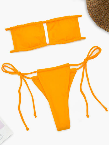 Swimsuits- Wireless Tube Bra and Tie-Side Thongs in a Solid Brazilian 2-Piece Swimwear- - Pekosa Women Clothing