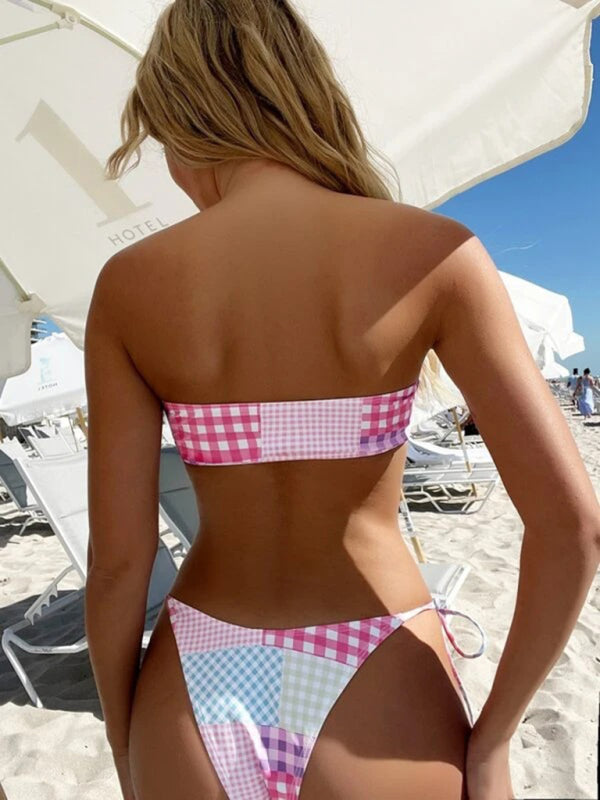 Swimwear- 2-Piece Bandeau Bra & Tie-Side Tanga in Playful Plaid- - Pekosa Women Clothing