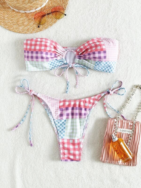 Swimwear- 2-Piece Bandeau Bra & Tie-Side Tanga in Playful Plaid- - Pekosa Women Clothing