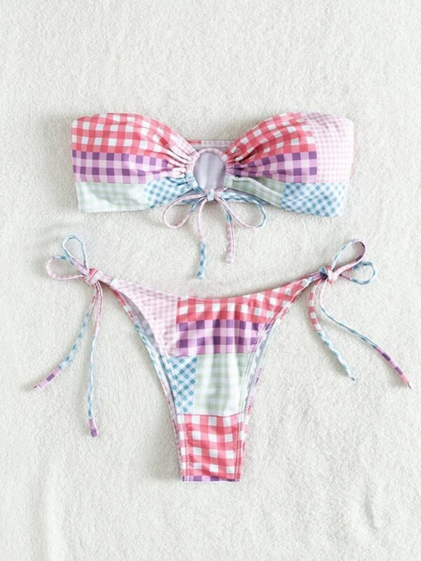 Swimwear- 2-Piece Bandeau Bra & Tie-Side Tanga in Playful Plaid- - Pekosa Women Clothing