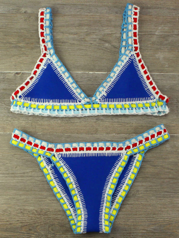 Swimwear- 2-Piece Beach Vacay Swimwear: Crochet Bikini Set with Wireless Bra & Bottoms- Blue- Pekosa Women Clothing