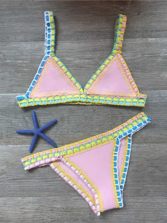 Swimwear- 2-Piece Beach Vacay Swimwear: Crochet Bikini Set with Wireless Bra & Bottoms- Pink- Pekosa Women Clothing