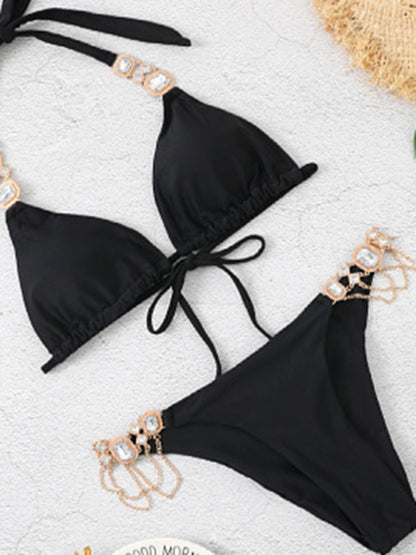Swimwear- 2 Piece Bikini Rhinestone Halter Bra and Low-Cut Bottoms- - Pekosa Women Clothing