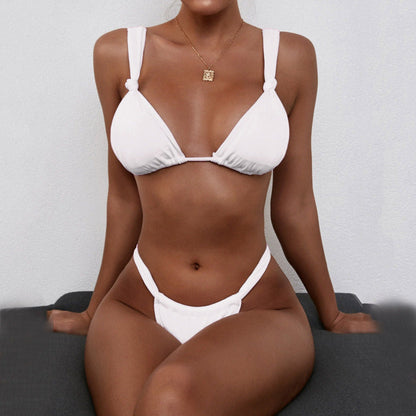 Swimwear- 2-Piece Brazilian Bikini Swimwear Set: Ribbed Wireless Bra + Cheeky Thong- White- Pekosa Women Clothing