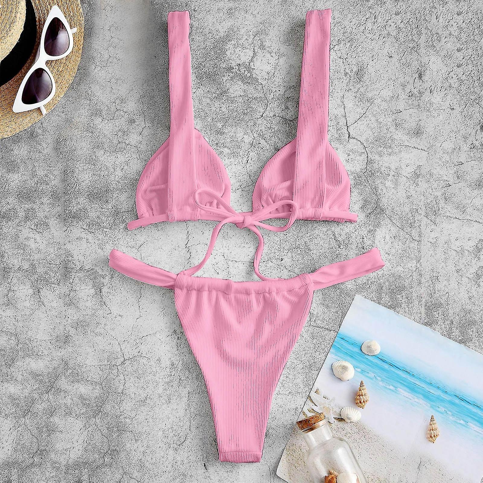 Swimwear- 2-Piece Brazilian Bikini Swimwear Set: Ribbed Wireless Bra + Cheeky Thong- - Pekosa Women Clothing