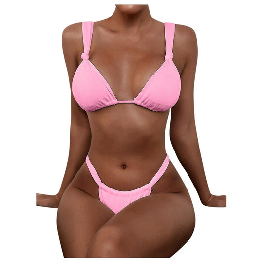 Swimwear- 2-Piece Brazilian Bikini Swimwear Set: Ribbed Wireless Bra + Cheeky Thong- Pink- Pekosa Women Clothing