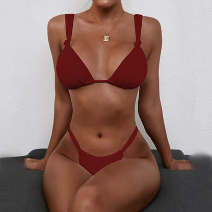 Swimwear- 2-Piece Brazilian Bikini Swimwear Set: Ribbed Wireless Bra + Cheeky Thong- Wine Red- Pekosa Women Clothing