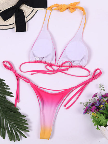 Swimwear- 2 Piece Gradient String Swimwear - Wireless Triangle Bra & Thong- - Pekosa Women Clothing