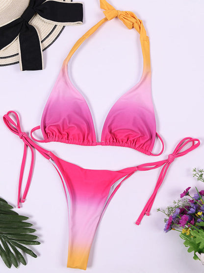 Swimwear- 2 Piece Gradient String Swimwear - Wireless Triangle Bra & Thong- - Pekosa Women Clothing