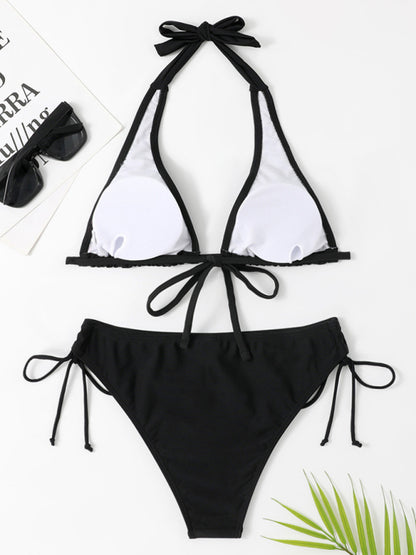 Swimwear- 2 Piece Halter Bra and Tie-Side Bikini Bottoms- - Pekosa Women Clothing