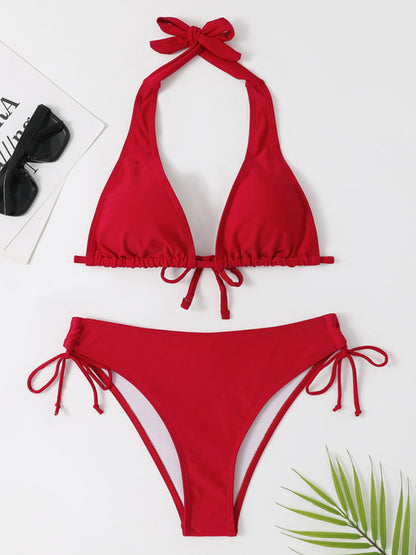 Swimwear- 2 Piece Halter Bra and Tie-Side Bikini Bottoms- - Pekosa Women Clothing