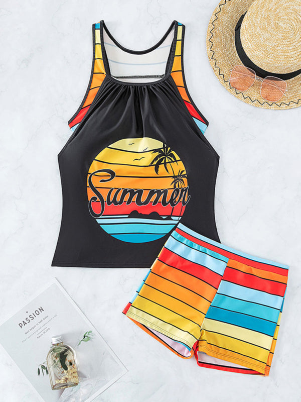 Swimwear- 2-Piece Hawaiian Stripe Tankini Bathing Suit | Tank Top and Boyshorts- - Pekosa Women Clothing