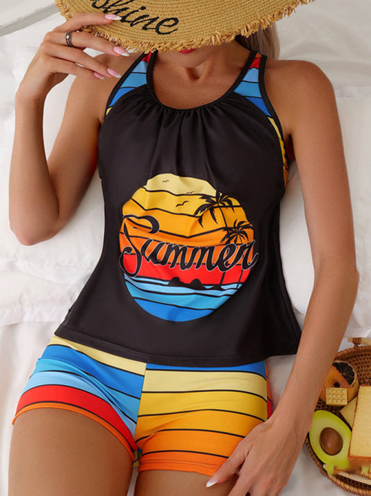 Swimwear- 2-Piece Hawaiian Stripe Tankini Bathing Suit | Tank Top and Boyshorts- Black- Pekosa Women Clothing