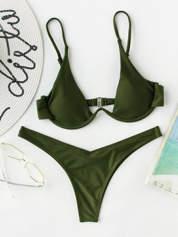 Swimwear- 2 Piece High-Leg Brazilian Bikini with Underwire Triangle Bra- Olive green- Pekosa Women Fashion