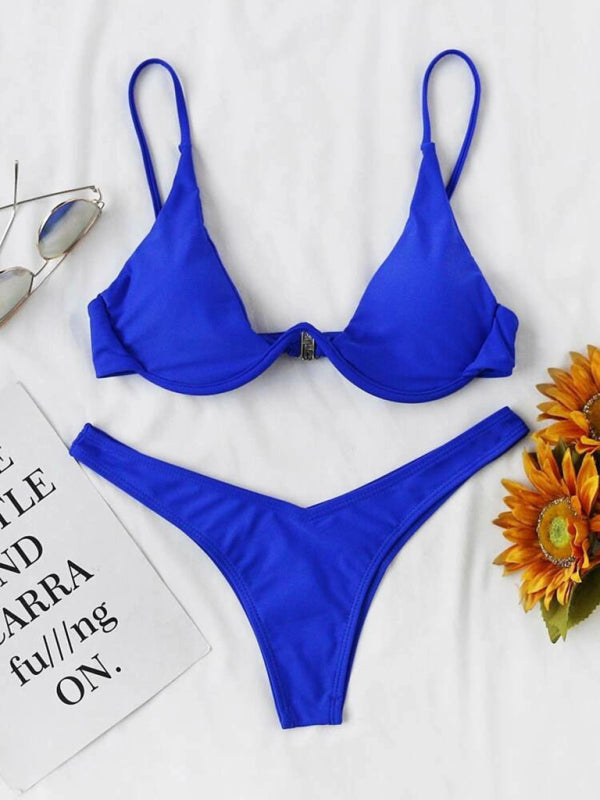 Swimwear- 2 Piece High-Leg Brazilian Bikini with Underwire Triangle Bra- Royal blue- Pekosa Women Fashion