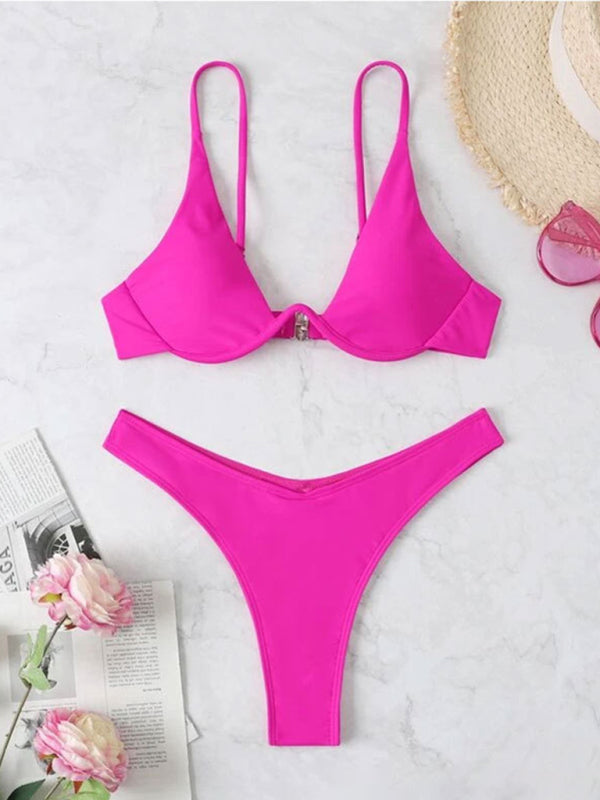 Swimwear- 2 Piece High-Leg Brazilian Bikini with Underwire Triangle Bra- Rose- Pekosa Women Fashion