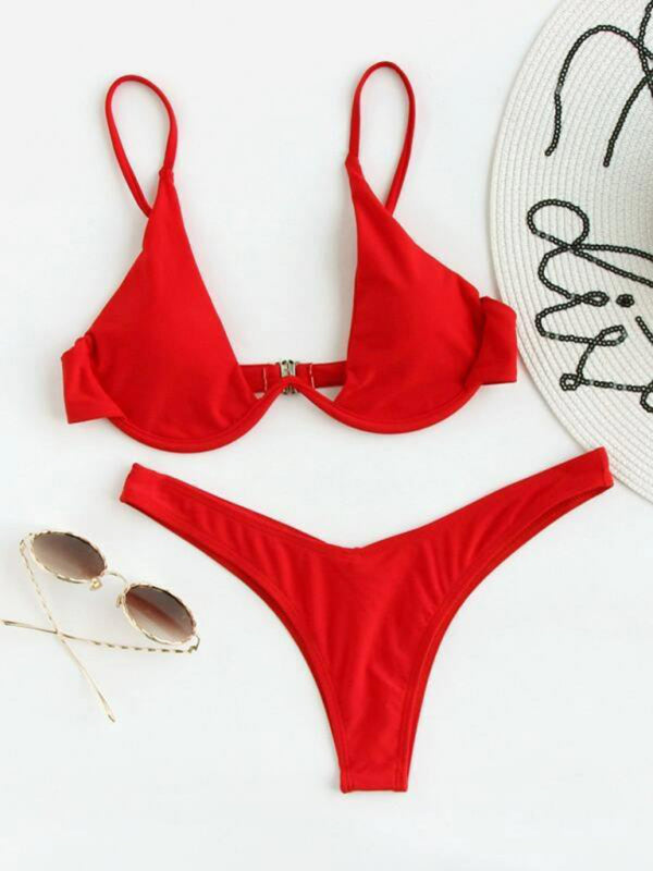 Swimwear- 2 Piece High-Leg Brazilian Bikini with Underwire Triangle Bra- Red- Pekosa Women Fashion