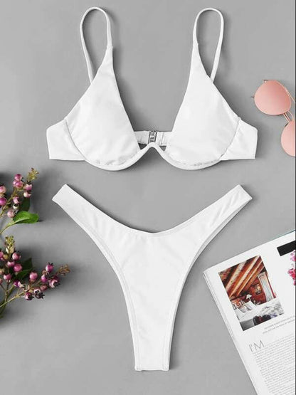 Swimwear- 2 Piece High-Leg Brazilian Bikini with Underwire Triangle Bra- White- Pekosa Women Fashion