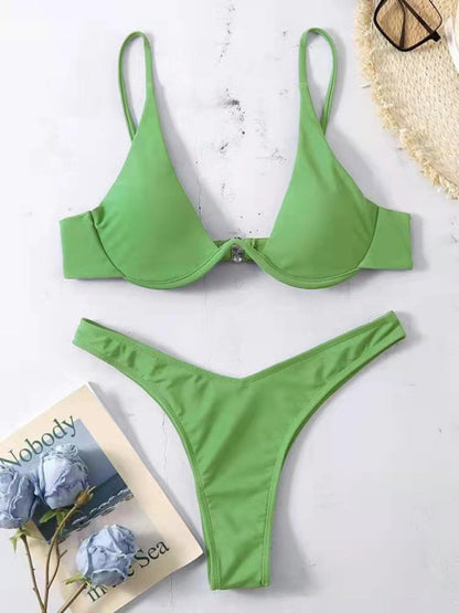 Swimwear- 2 Piece High-Leg Brazilian Bikini with Underwire Triangle Bra- Pale green- Pekosa Women Fashion