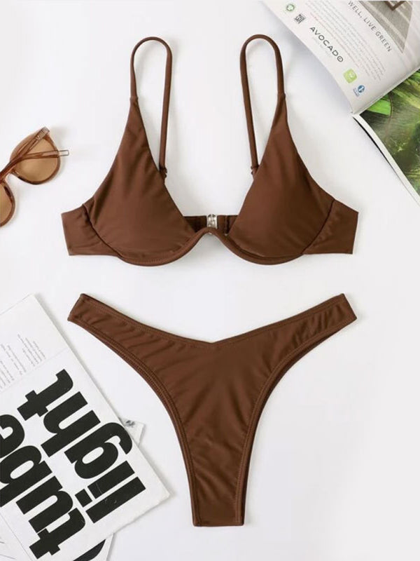 Swimwear- 2 Piece High-Leg Brazilian Bikini with Underwire Triangle Bra- Coffee- Pekosa Women Fashion