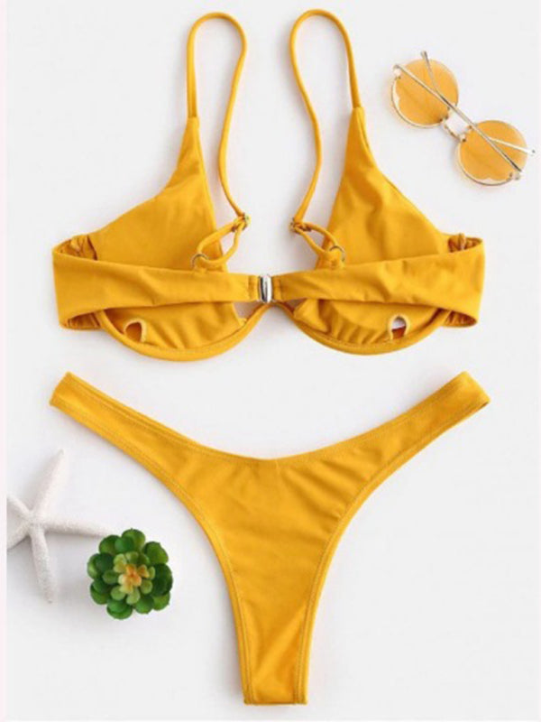 Swimwear- 2 Piece High-Leg Brazilian Bikini with Underwire Triangle Bra- Yellow- Pekosa Women Fashion