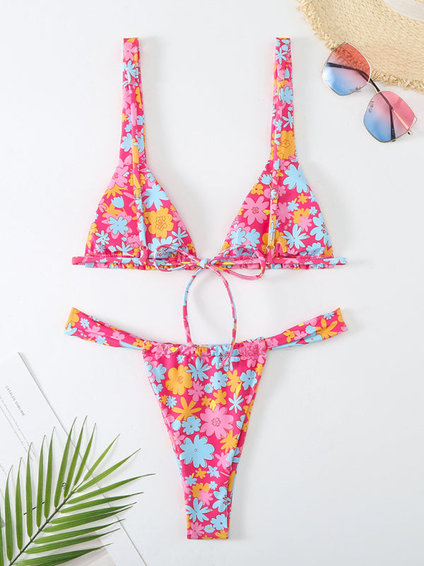 Swimwear- 2 Piece Tropical Print Wireless Triangle Bra & Bikini Swimsuit- - Pekosa Women Clothing