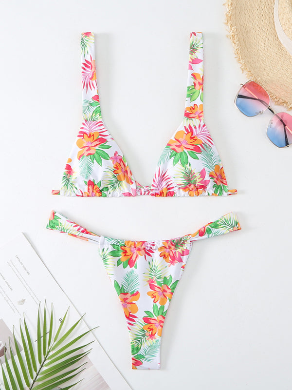 Swimwear- 2 Piece Tropical Print Wireless Triangle Bra & Bikini Swimsuit- - Pekosa Women Clothing