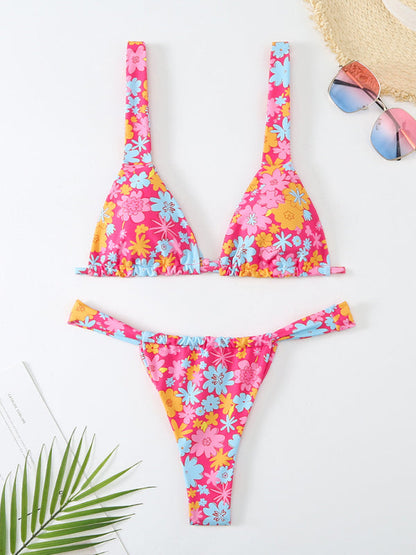 Swimwear- 2 Piece Tropical Print Wireless Triangle Bra & Bikini Swimsuit- - Pekosa Women Clothing