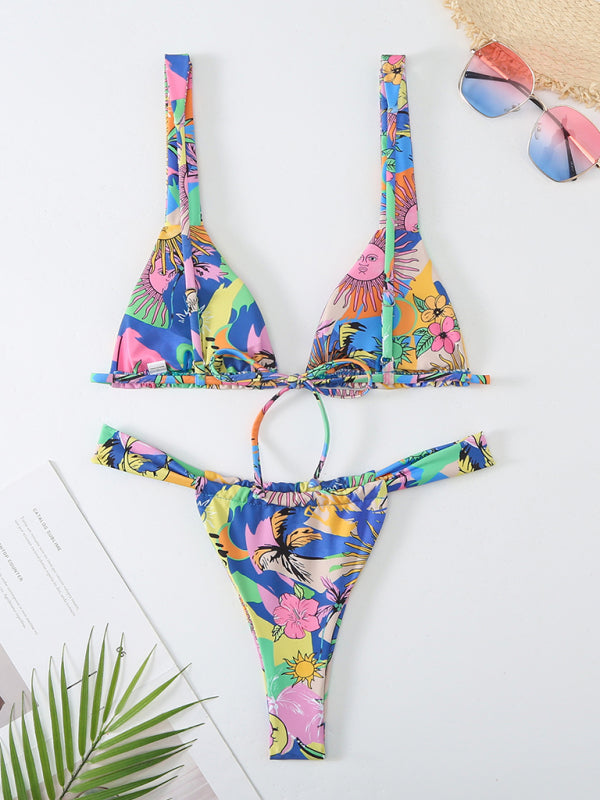 Swimwear- 2 Piece Tropical Print Wireless Triangle Bra & Bikini Swimsuit- - Pekosa Women Clothing