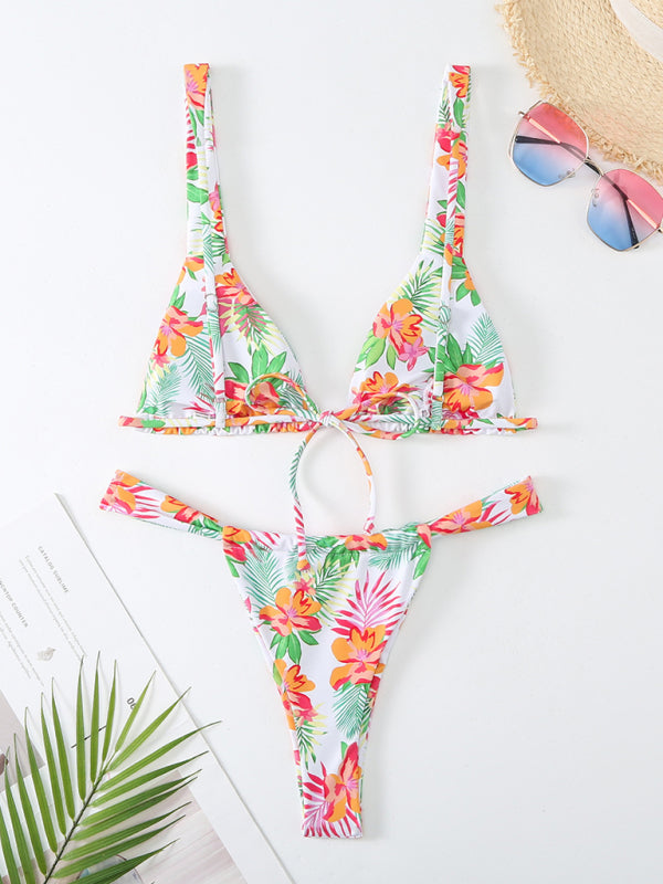 Swimwear- 2 Piece Tropical Print Wireless Triangle Bra & Bikini Swimsuit- - Pekosa Women Clothing