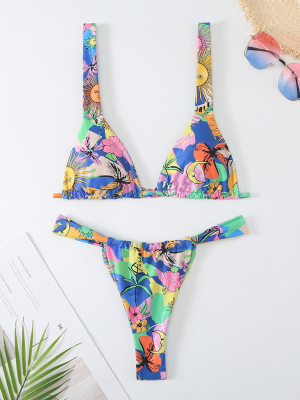 Swimwear- 2 Piece Tropical Print Wireless Triangle Bra & Bikini Swimsuit- - Pekosa Women Clothing