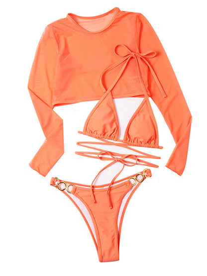 Swimwear- 3-Piece Bikini Set Triangle Bra with Thong and Tee Cover Up- - Pekosa Women Clothing