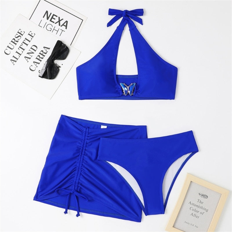 Swimwear- 3-Piece Bikini Set: Wireless Bra + High-Waisted Thong + Stylish Skirt- - Pekosa Women Clothing