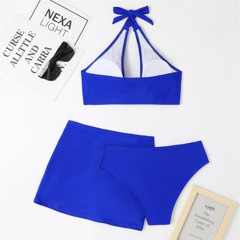 Swimwear- 3-Piece Bikini Set: Wireless Bra + High-Waisted Thong + Stylish Skirt- - Pekosa Women Clothing