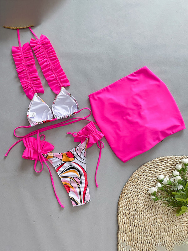 Swimwear- 3 Piece Ruffle Swimwear Triangle Bra & Tie-Side Bikini & Cover-Up in Colorful Print- - Pekosa Women Clothing
