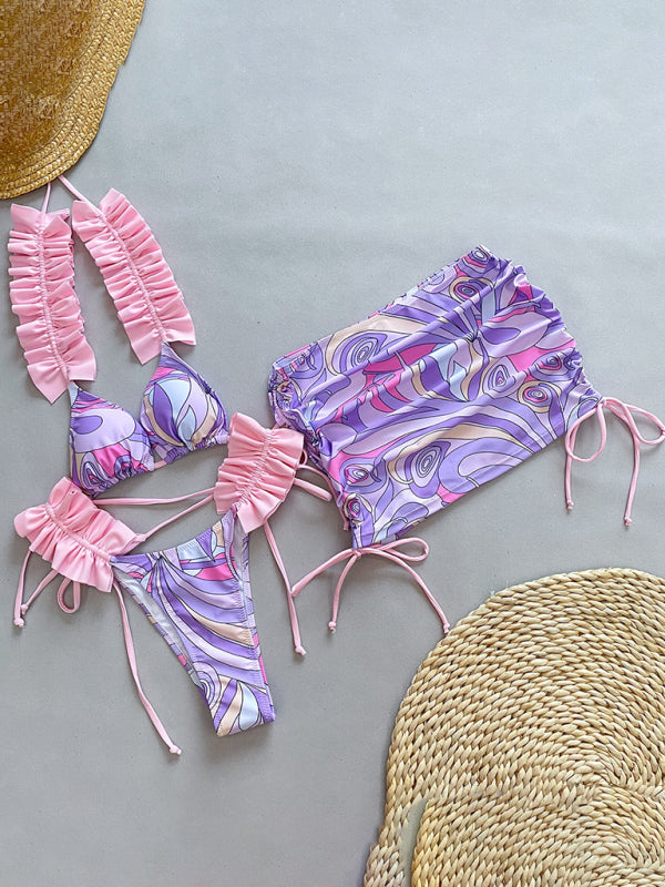 Swimwear- 3 Piece Ruffle Swimwear Triangle Bra & Tie-Side Bikini & Cover-Up in Colorful Print- - Pekosa Women Clothing