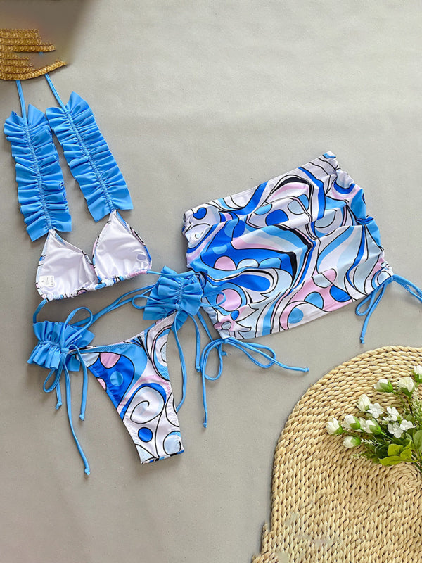 Swimwear- 3 Piece Ruffle Swimwear Triangle Bra & Tie-Side Bikini & Cover-Up in Colorful Print- - Pekosa Women Clothing