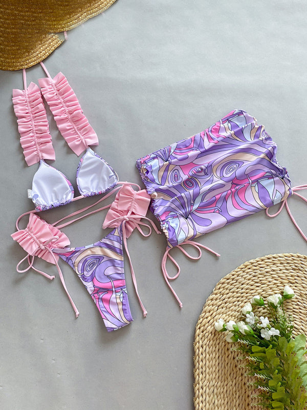 Swimwear- 3 Piece Ruffle Swimwear Triangle Bra & Tie-Side Bikini & Cover-Up in Colorful Print- - Pekosa Women Clothing