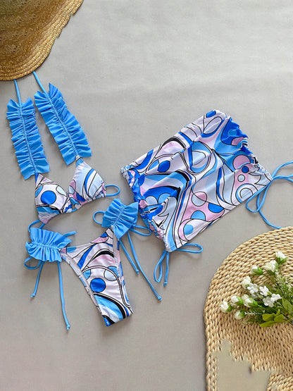 Swimwear- 3 Piece Ruffle Swimwear Triangle Bra & Tie-Side Bikini & Cover-Up in Colorful Print- Blue- Pekosa Women Clothing