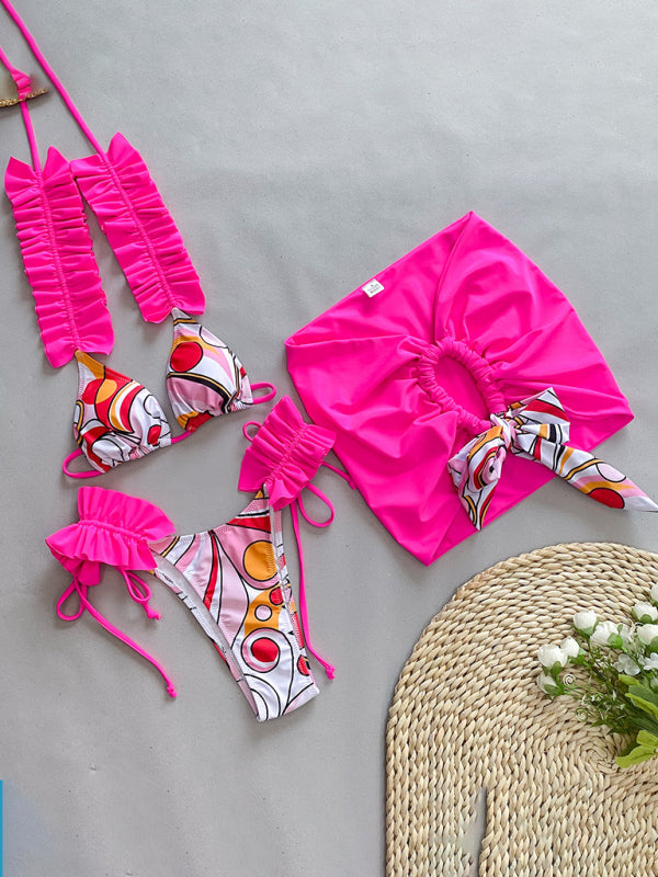 Swimwear- 3 Piece Ruffle Swimwear Triangle Bra & Tie-Side Bikini & Cover-Up in Colorful Print- Rose- Pekosa Women Clothing
