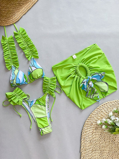 Swimwear- 3 Piece Ruffle Swimwear Triangle Bra & Tie-Side Bikini & Cover-Up in Colorful Print- Green- Pekosa Women Clothing