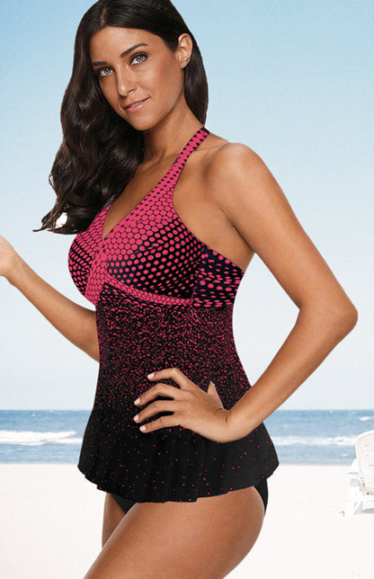 Swimwear- Active Swimwear: Polkadot Tankini Set with Wireless Bra and Tie-Halter- - Pekosa Women Clothing